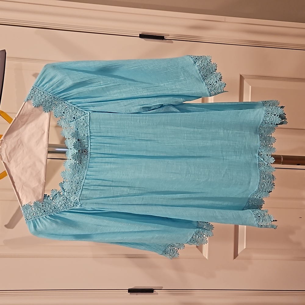 Crochet Detail square neck-line Aqua Top